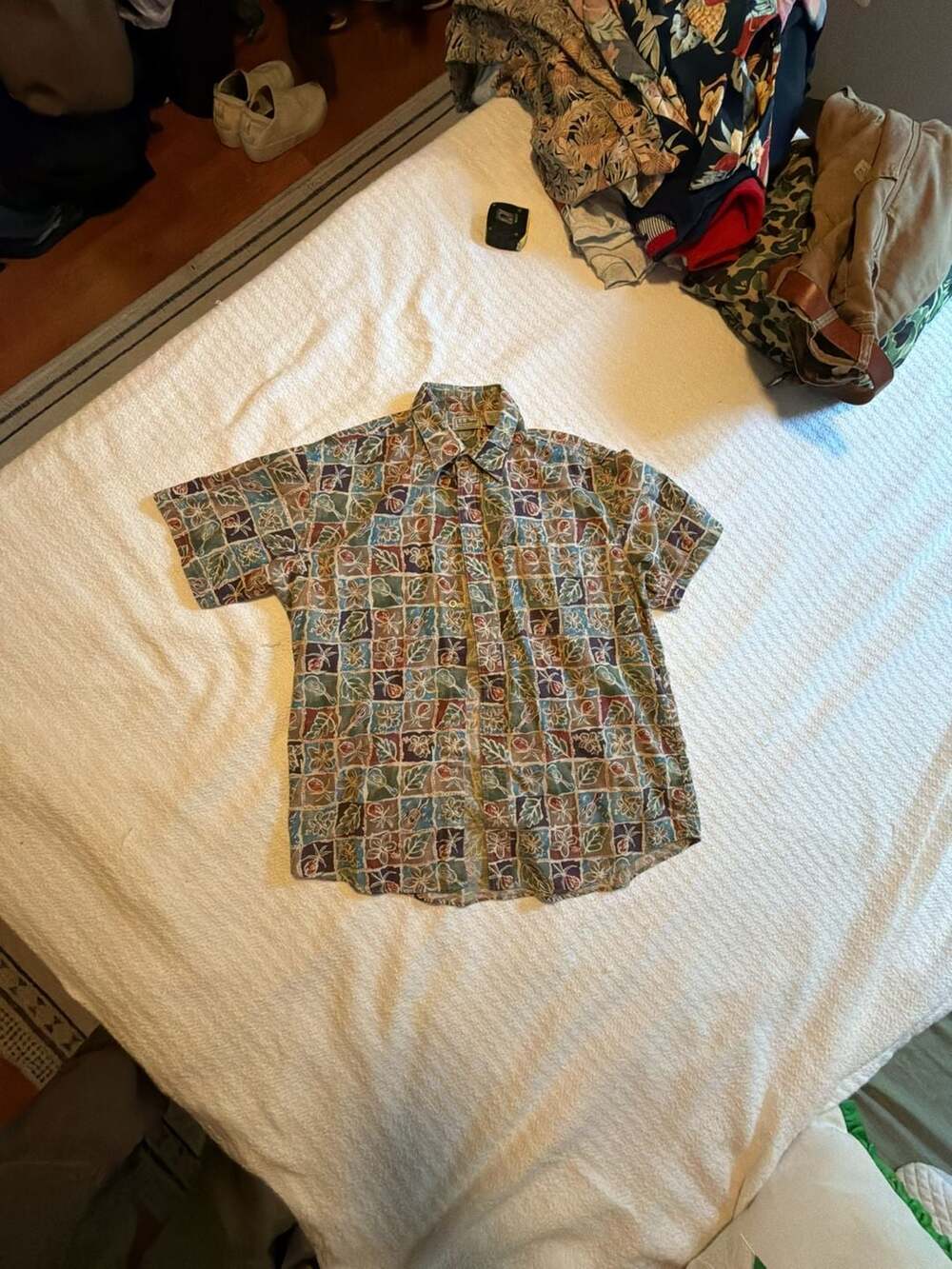 Vintage L.L. Bean Cool Weave Block Print Hawaiian Shirt Men's Large Jamaica 90s